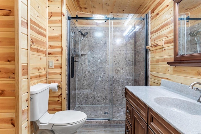 bathroom featuring wood ceiling, toilet, wooden walls, and walk in shower