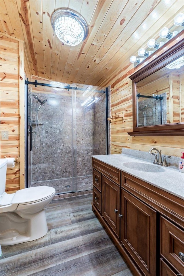 bathroom featuring wood walls, hardwood / wood-style floors, wooden ceiling, toilet, and walk in shower