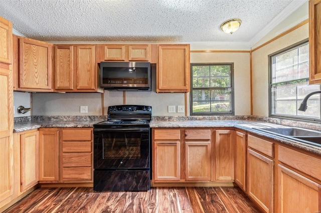 kitchen featuring dark hardwood / wood-style flooring, ornamental molding, black electric range oven, sink, and a textured ceiling