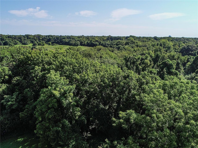 aerial view featuring a wooded view