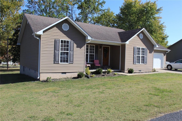 single story home featuring a porch, a front lawn, and a garage