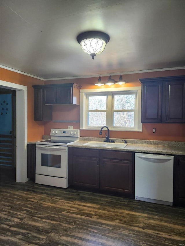 kitchen featuring white electric stove, dark wood-type flooring, a sink, stainless steel dishwasher, and ornamental molding