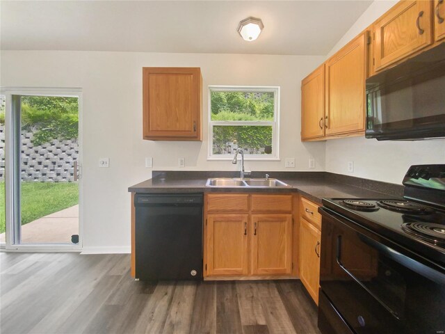 kitchen featuring black appliances, sink, dark hardwood / wood-style flooring, and a wealth of natural light