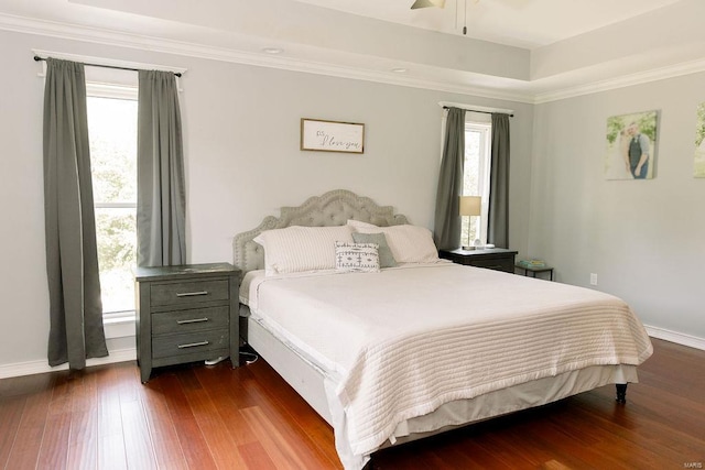 bedroom with dark wood-style floors, a tray ceiling, multiple windows, and ornamental molding