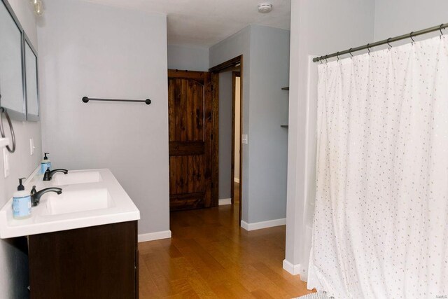 bathroom with wood-type flooring and vanity