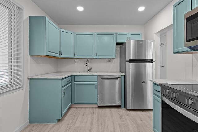 kitchen featuring decorative backsplash, light wood-type flooring, stainless steel appliances, and sink