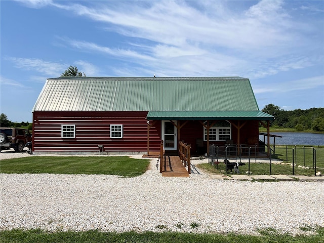 exterior space featuring a water view