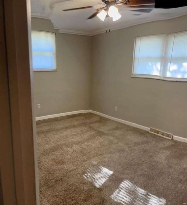 carpeted spare room with crown molding, ceiling fan, and a wealth of natural light