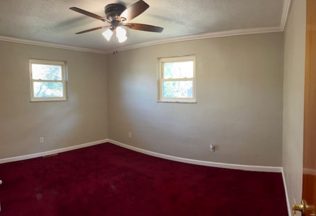 empty room with ceiling fan, carpet, a textured ceiling, and plenty of natural light