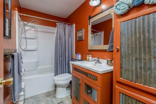 full bathroom with shower / bathtub combination with curtain, vanity, tile patterned flooring, and toilet