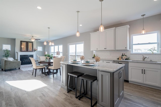 kitchen with light hardwood / wood-style flooring, white cabinetry, stainless steel dishwasher, tasteful backsplash, and sink