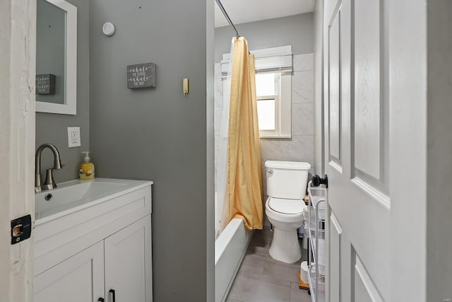 full bathroom with vanity, tile patterned flooring, shower / bath combination with curtain, and toilet