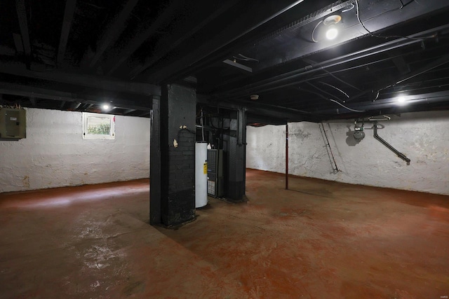 basement with water heater, heating unit, and electric panel