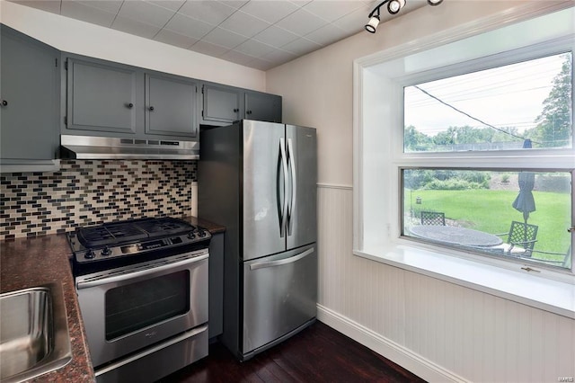 kitchen with gray cabinetry, stainless steel appliances, dark hardwood / wood-style flooring, and decorative backsplash