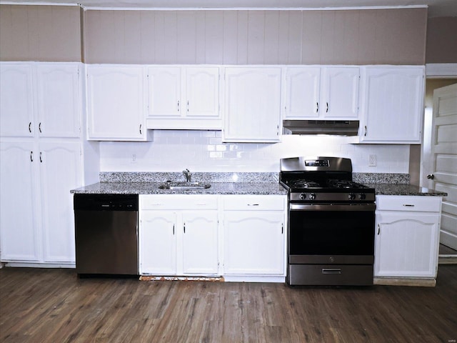 kitchen featuring stainless steel dishwasher, gas stove, and dark wood-type flooring