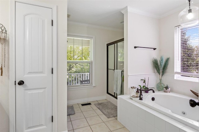 full bathroom with a stall shower, ornamental molding, and a bath