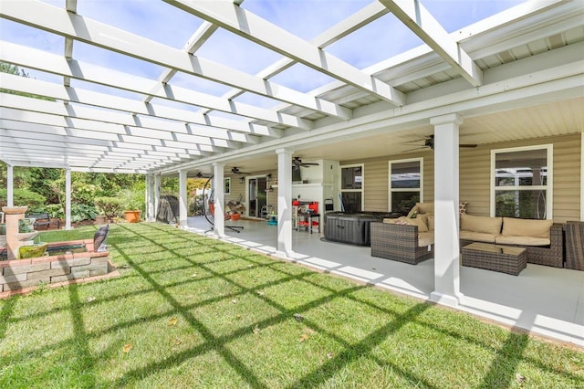 exterior space featuring a ceiling fan, an outdoor living space, and a pergola