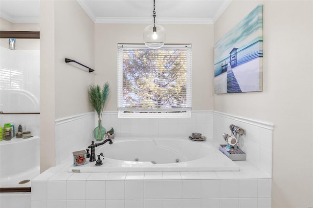 bathroom featuring a tub with jets, a walk in shower, and ornamental molding