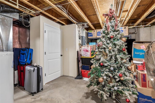 unfinished below grade area featuring water heater