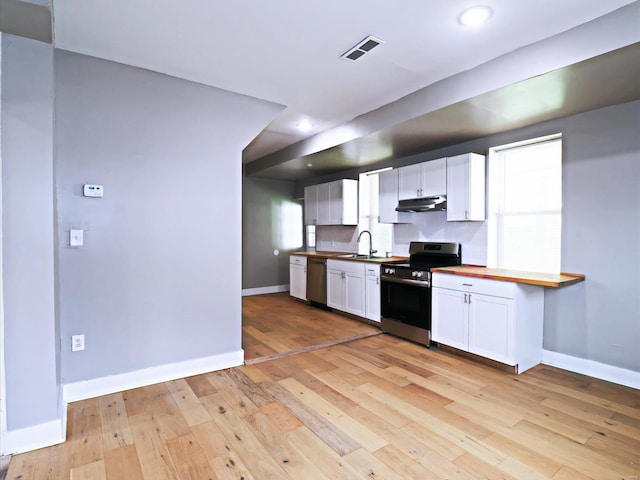 kitchen featuring appliances with stainless steel finishes, light hardwood / wood-style floors, white cabinets, and sink