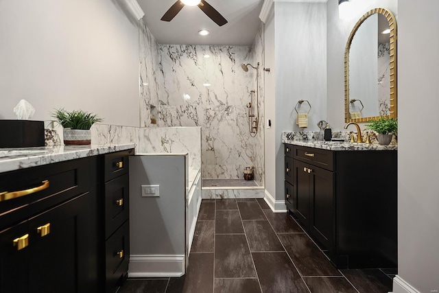 bathroom with ceiling fan, double sink vanity, plus walk in shower, and tile patterned flooring