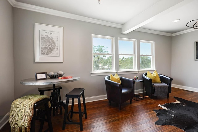 interior space with beam ceiling, dark wood-type flooring, and crown molding