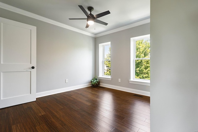 unfurnished room featuring ceiling fan, wood-type flooring, and ornamental molding