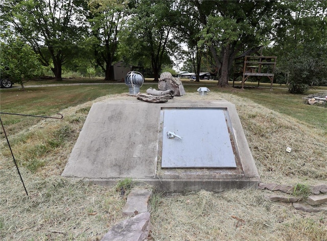 entry to storm shelter featuring a yard