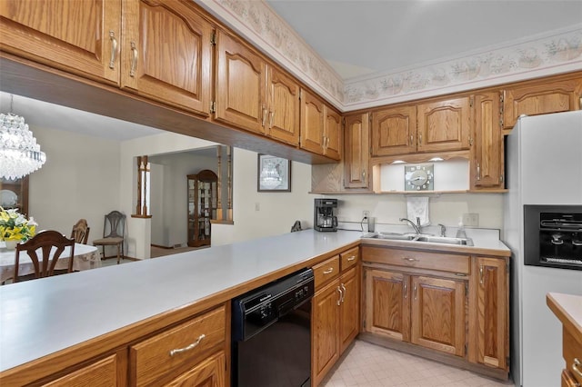 kitchen featuring black dishwasher, light tile patterned floors, an inviting chandelier, white fridge with ice dispenser, and sink