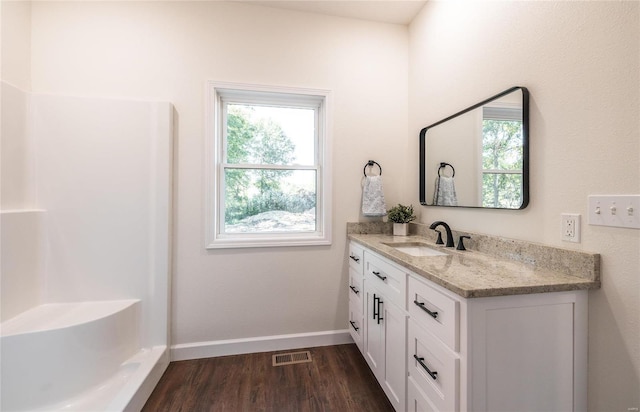 bathroom featuring hardwood / wood-style floors and vanity