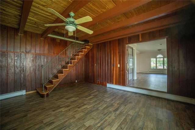 interior space with stairway, baseboard heating, wooden walls, wood finished floors, and wooden ceiling