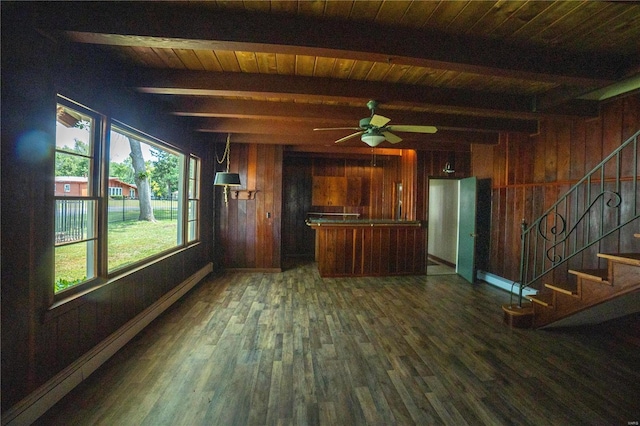 bar featuring stairway, beam ceiling, wooden walls, and wood finished floors