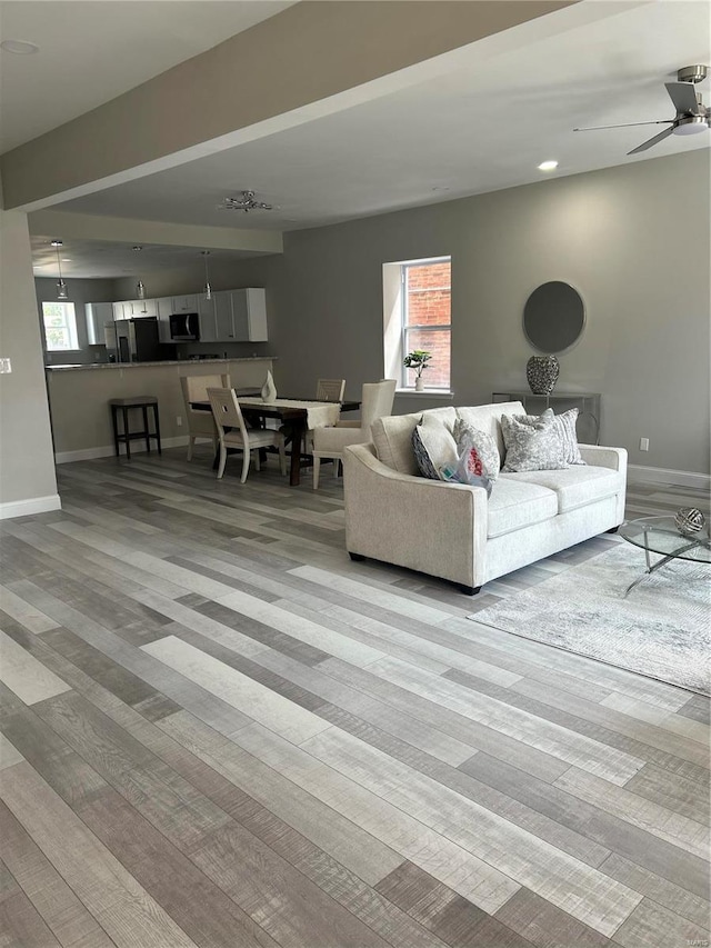 living room with ceiling fan, plenty of natural light, and light hardwood / wood-style floors