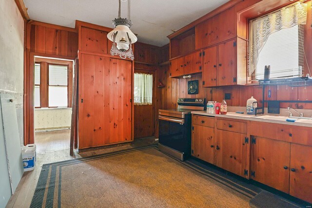 kitchen featuring light hardwood / wood-style flooring, sink, wood walls, and stainless steel range with electric cooktop