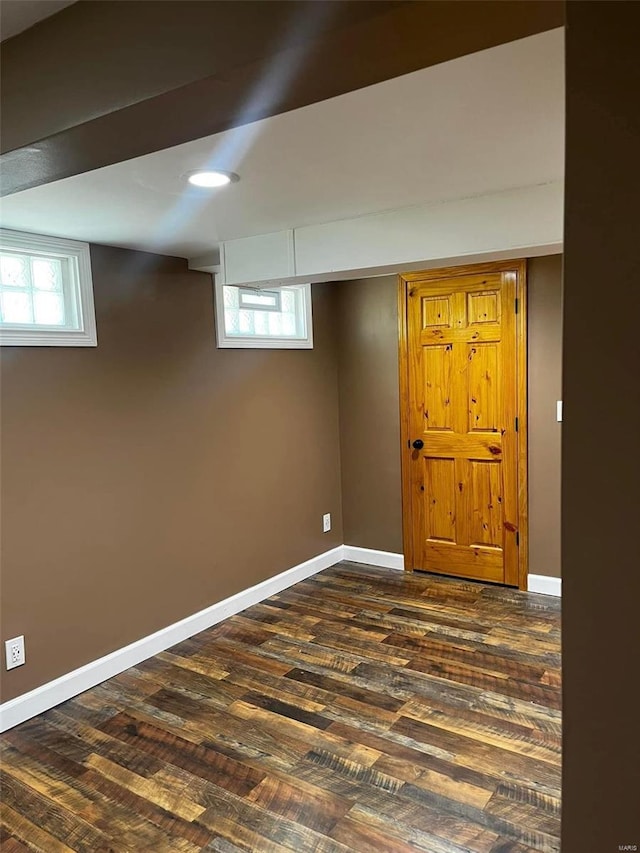 basement featuring dark hardwood / wood-style flooring