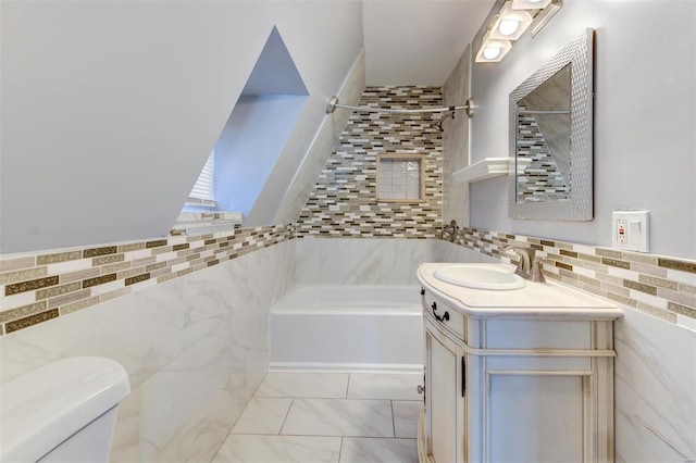 full bathroom featuring vanity, toilet, tile walls, and shower with separate bathtub