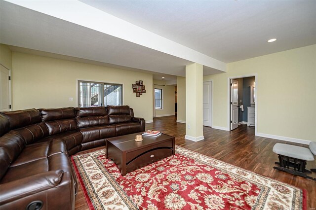 living room with dark hardwood / wood-style flooring