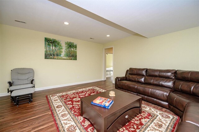 living room featuring dark wood-type flooring