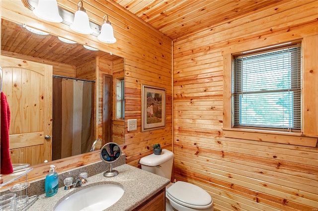 full bath featuring wood ceiling, toilet, vanity, and wooden walls