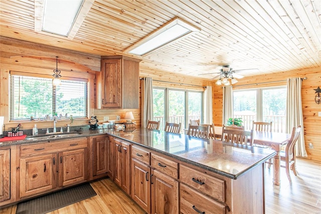 kitchen featuring wood walls, a skylight, light wood-type flooring, and a healthy amount of sunlight