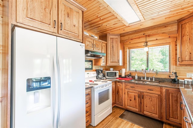 kitchen featuring white appliances, wood ceiling, hanging light fixtures, under cabinet range hood, and a sink