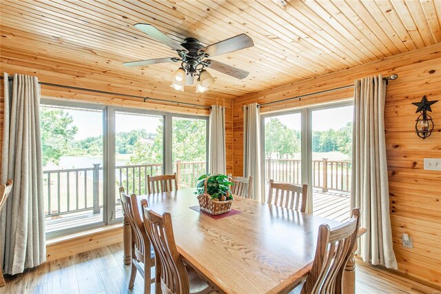 dining area featuring ceiling fan, plenty of natural light, light hardwood / wood-style floors, and wooden ceiling