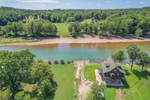 bird's eye view with a water view and a wooded view