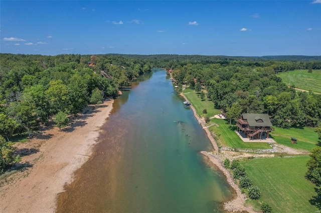 drone / aerial view with a water view and a wooded view