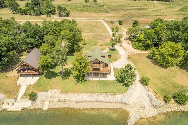 bird's eye view featuring a rural view and a water view