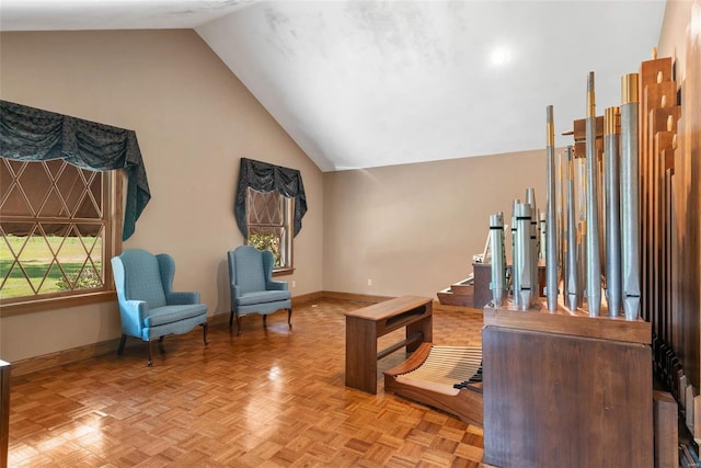 office featuring vaulted ceiling and light parquet flooring