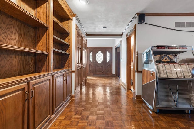 corridor featuring ornamental molding and dark parquet floors