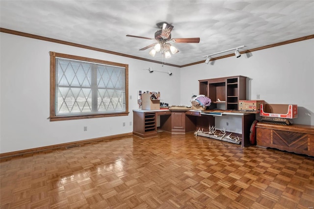 office with a textured ceiling, ceiling fan, ornamental molding, and parquet flooring