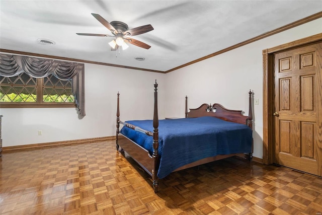 bedroom with ceiling fan, ornamental molding, and parquet flooring