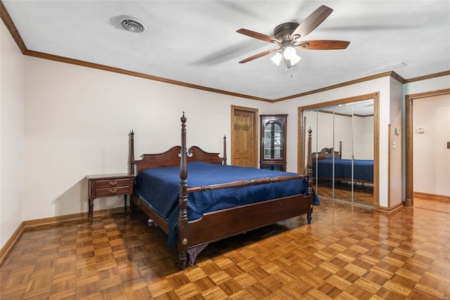 bedroom with crown molding, parquet floors, and ceiling fan